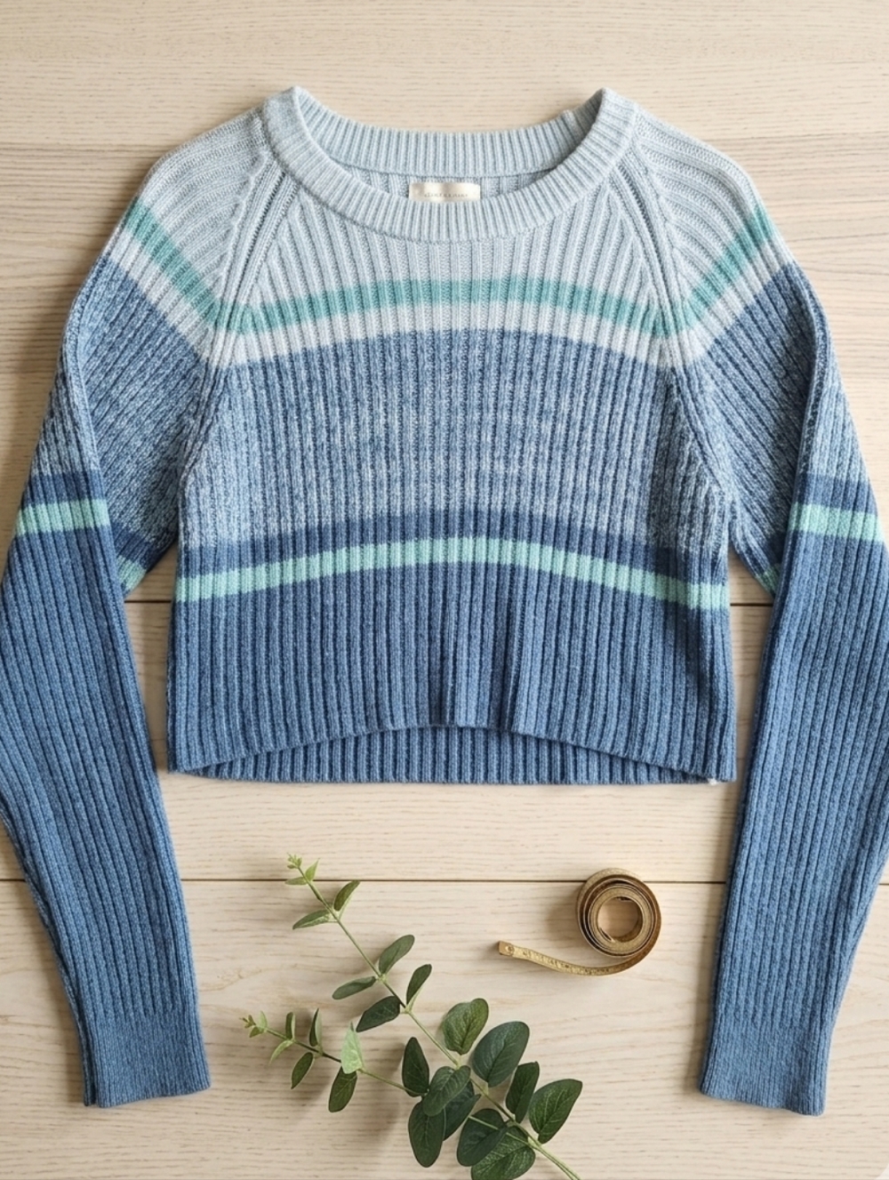 Aeropostale Striped Cropped Crewneck Sweater in Blue and Mint